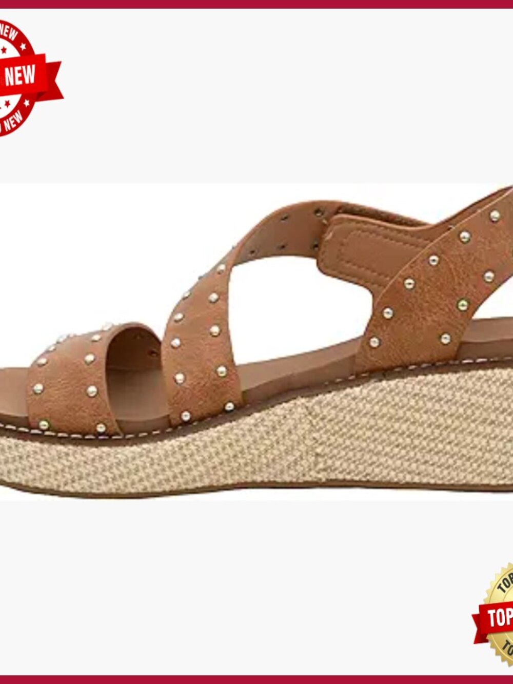 Strappy Wedge Sandals with Stud Detailing, Hook & Loop Closure, 2-Inch Heel